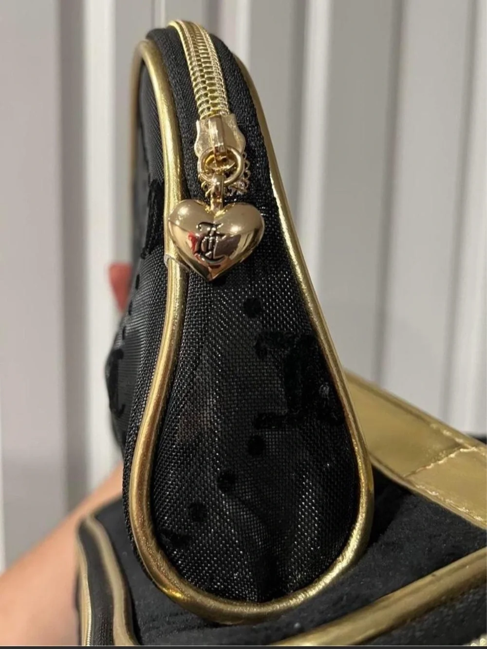 Juicy Couture Black Plush Cosmetic Train Case with Gold Trim